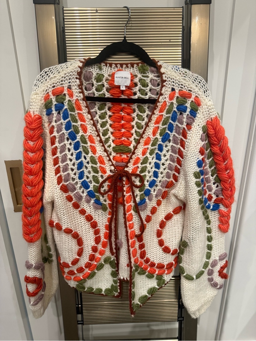 Hunter Bell White Crochet Multicolor Tie-Front Sweater